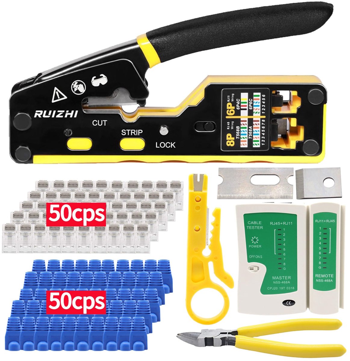 Dailygoods - RJ45 Crimping Pliers Set - Inclusief 50 Cat6 Plugs en Netwerktester