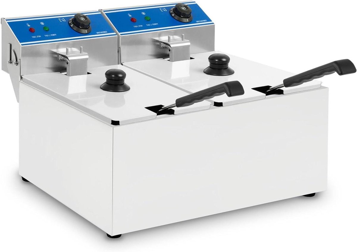 Dubbele Friteuse - Professionele Frituurpan - Snelle Snacks Maken - Koude Zone Principe - 2x 8 Liter - Zilverkleurig
