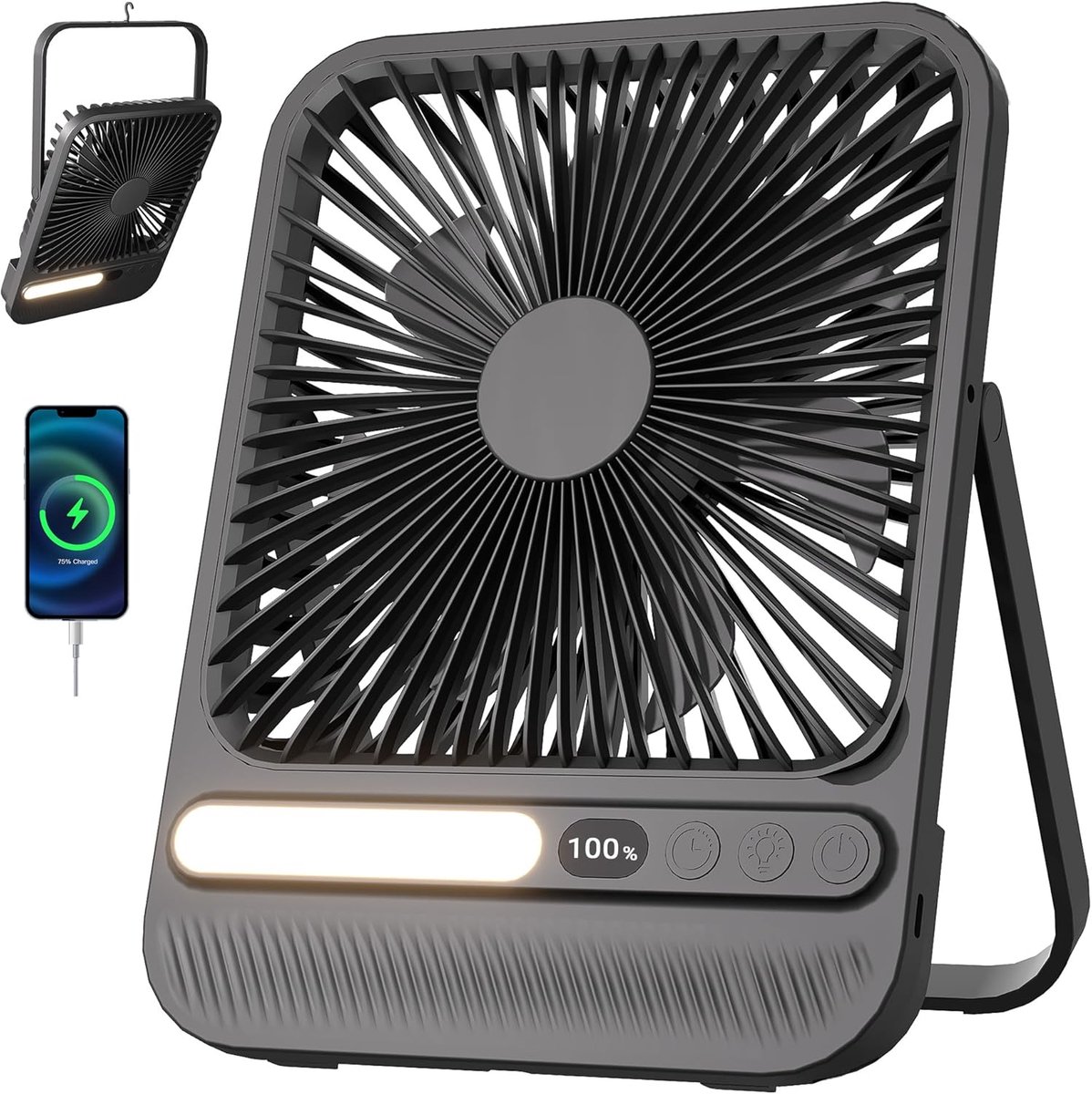 SnelShoppen - Draagbare Reisventilator 7 inch met Licht, 28 Uur Looptijd, 4 Snelheden, 42 dB Geluidsniveau, 8-Uurs Timer, 180 Graden Verstelbaar, Opla