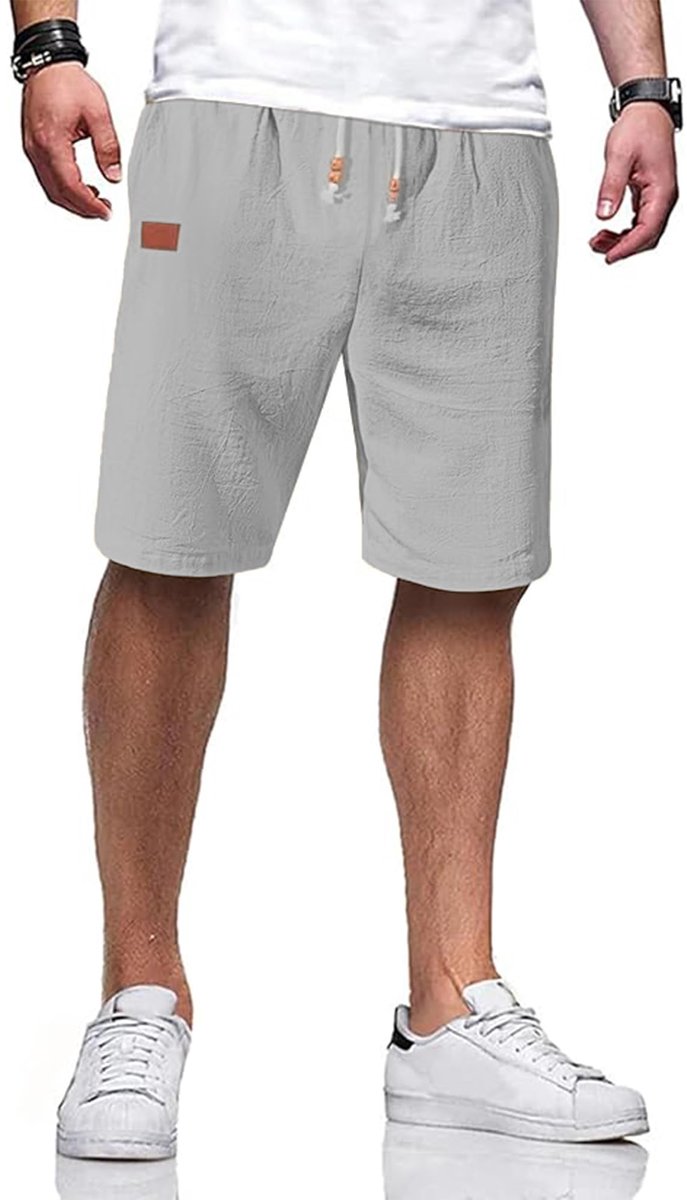 SnelShoppen - Korte broek heren katoen linnen met elastiek casual shorts zomer lichtgrijs met zakken M-3XL, vrijetijdskleding, comfortabele zomeroutfi