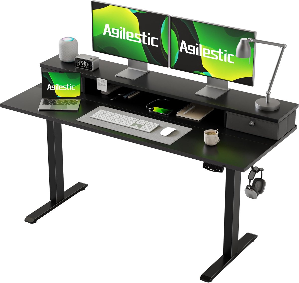 SnelShoppen - Hoogte verstelbaar bureau elektrisch 140 x 60 cm met geheugenfunctie, zwart, kantoor- en thuisbureau met twee laden, ergonomisch en mode
