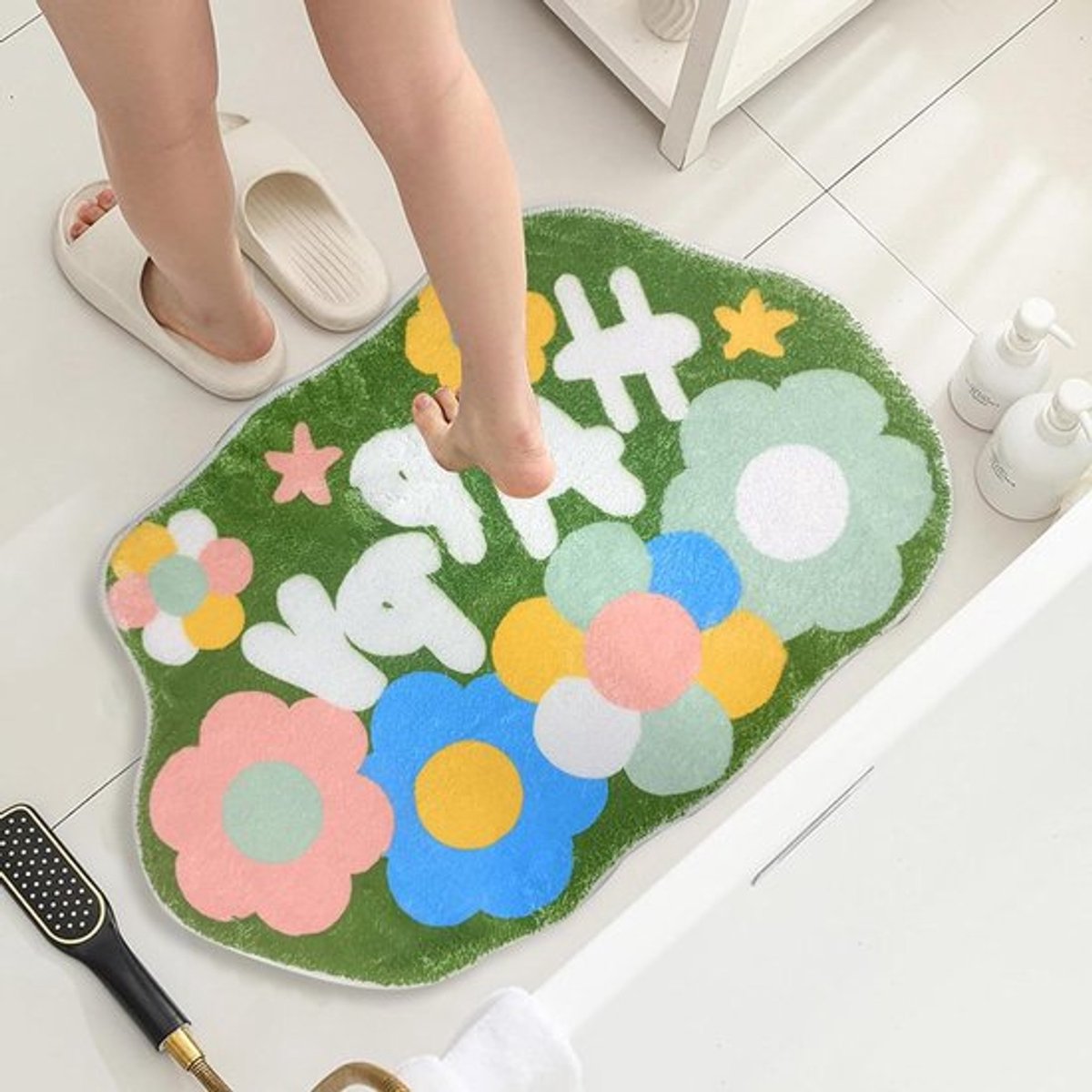 Groene badmat 40 x 60 cm bloemtapijt voetmat | Zacht en absorberend | Voor douche badkamer vloer | Wasbaar droog badtapijt