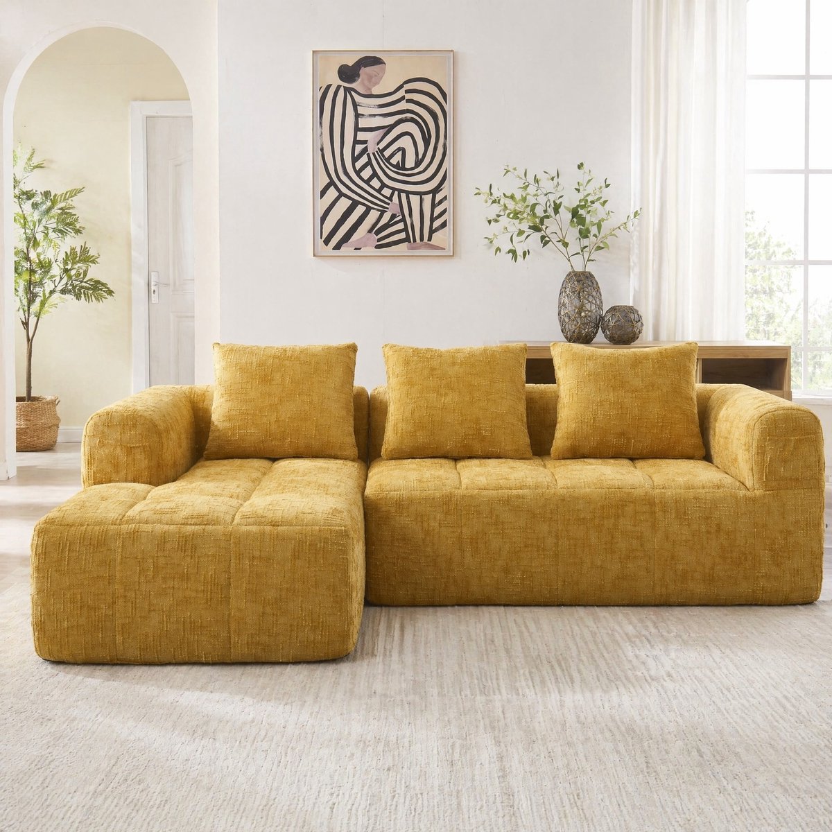 COVREO Hoekbank 250x158x60 cm - chenille, geel, 3-zits met chaise longue en zijvakken