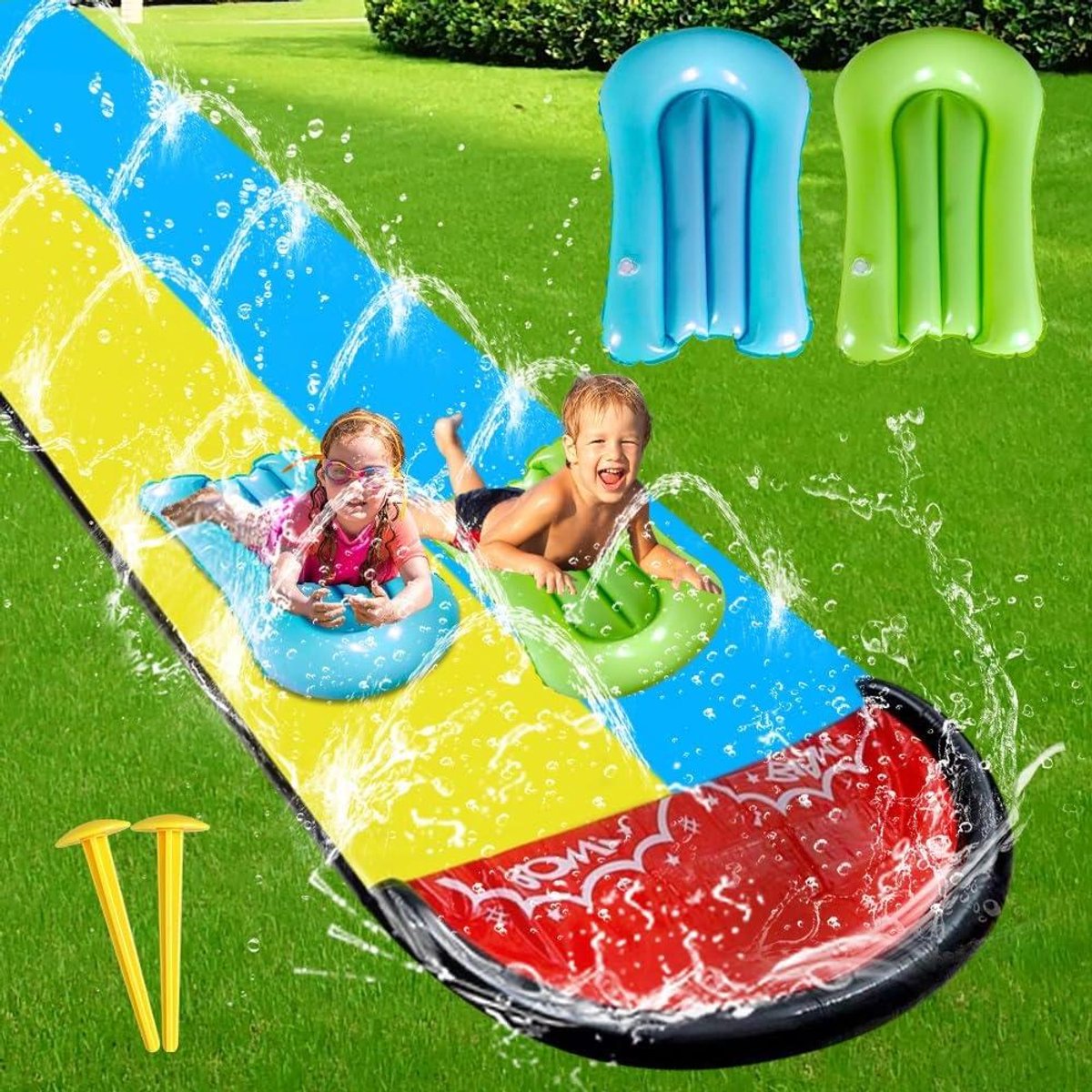 Waterglijbaan - Opblaasbare glijbaan Tuin - Zomerpret - Dubbele glijbanen - 6.1 x 1.4 m - Blauw