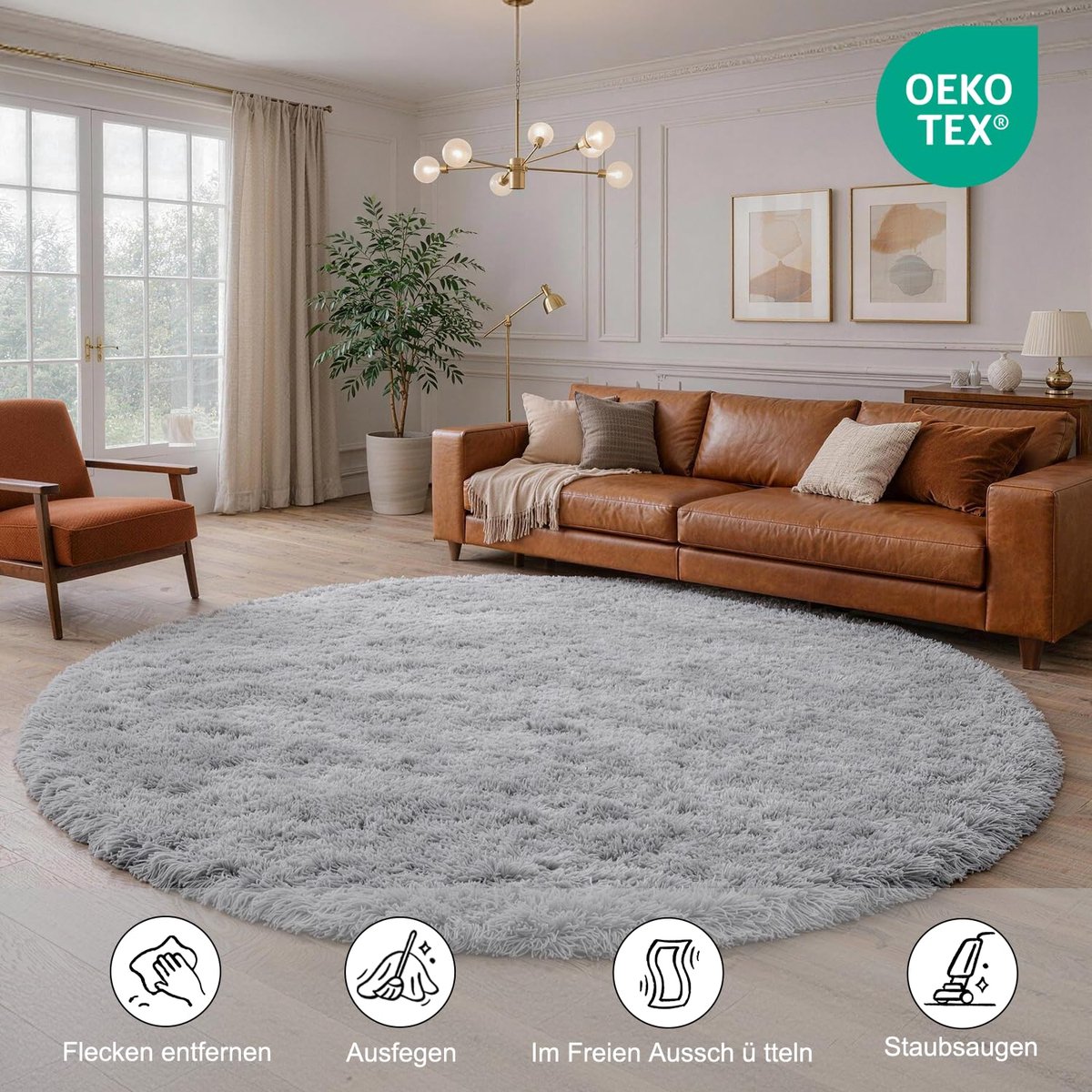 SnelShoppen - ROHATIM Rond Vloerkleed Shaggy Tapijt Groot Formaat Pluizig Grijs 150x200 cm Modern Decoratief Voor Woonkamer Bank Mat