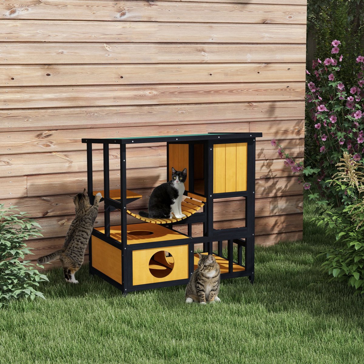 MIVRAY Kattenhuis – Houten – 84,5 X 60 X 88 Cm – Geel – Met Hängebrug En Balkon Voor 1 Tot 2 Katten Buitengebruik