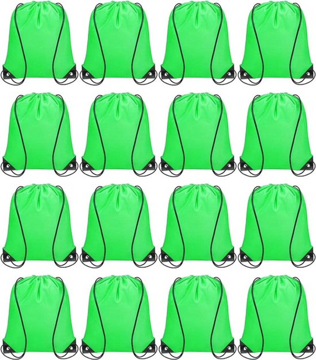 Set van 16 rugzakken met trekkoord van polyester voor sport, gym, reizen - groen