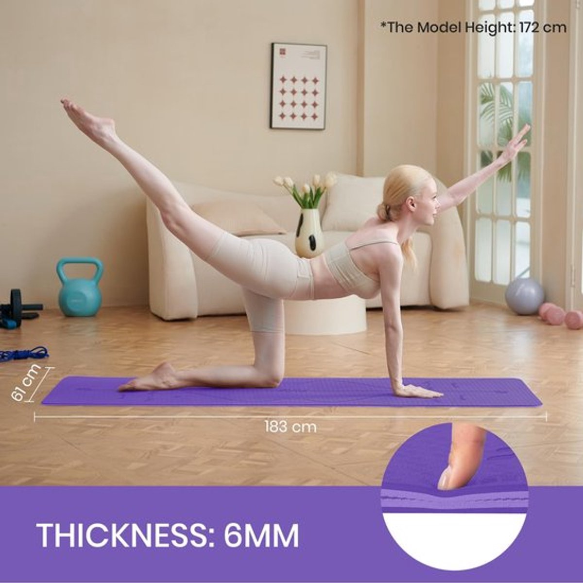 Yogamat 6 mm - Antislip - TPE - Sportmat - Fitnessmat - Draagriem - 183 x 61 cm