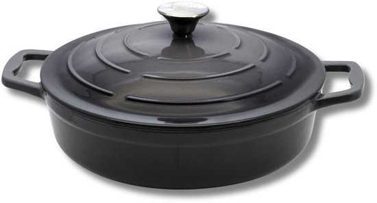 Gegoten geëmailleerde braadpan, laag, klassiek grijs, met deksel en handgrepen.