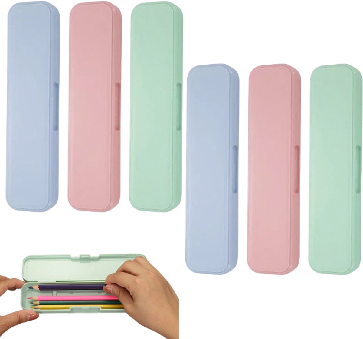 6 stuks- Draagbare bestekdoos - Pennenhouder - Rechthoekige bestekdoos - Reisbestekdoos - Groen, roze, blauw - 19,3*5*2,5 cm - Geschikt voor kantoor, school en kamperen