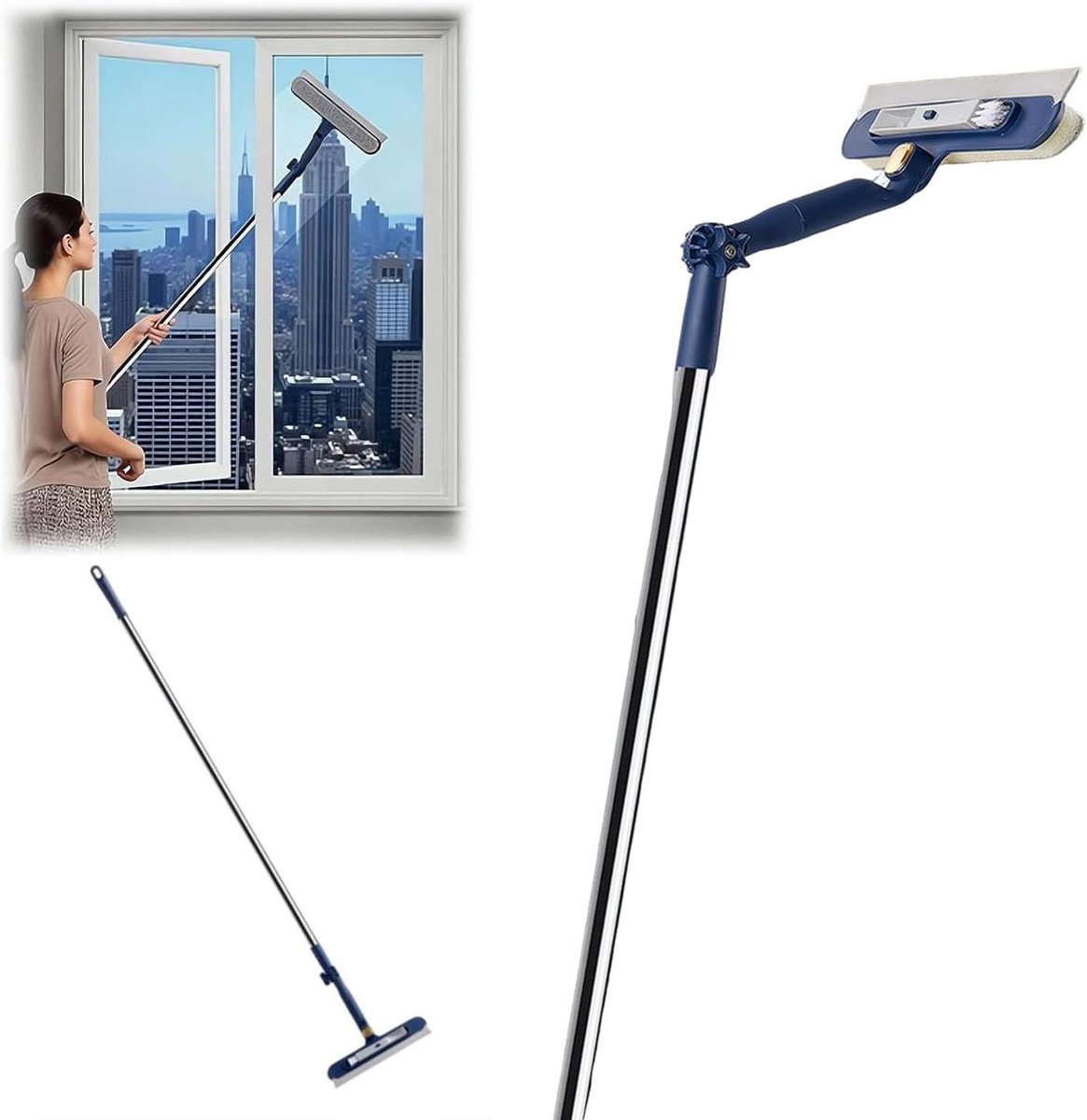 Telescopische Raamwisser - Raamreiniger Verlengstang - Streeploos Ramen Zemen - Alles-in-één Ontwerp - 120 cm - Blauw