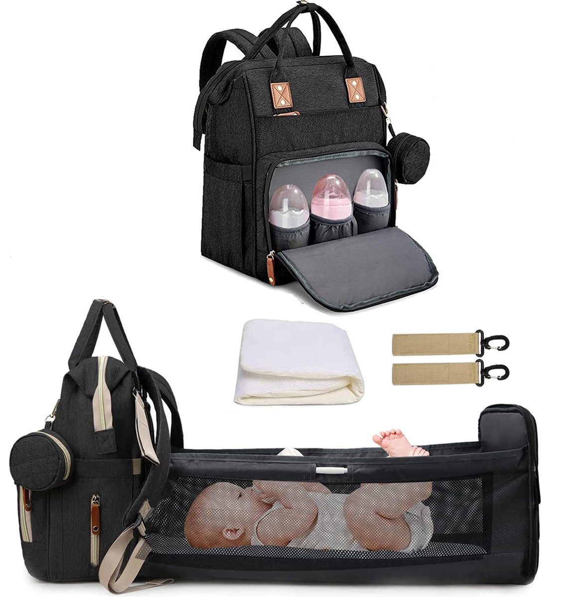 SnelShoppen - Fexkean Luiertas/-rugzak voor baby's, multifunctionele babytas met grote capaciteit, inklapbaar kinderbed, zwart, M, ideaal voor reizen,
