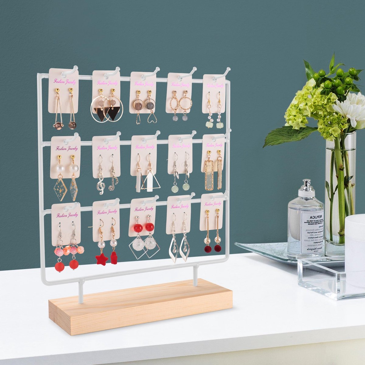 SnelShoppen - Houten Oorbel Display Stand voor Verkoop, 3 Niveaus met 15 Haken, Wit Oorbelrek Toren voor Sieraden, Perfect voor Winkel of Thuisgebruik