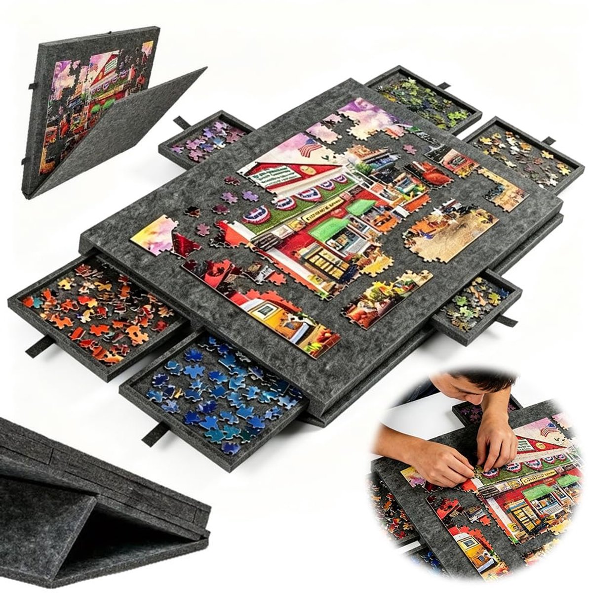 SnelShoppen - Kantelbare Puzzelplank met 2-in-1 Standaard en Afdekking, Lichtgewicht Vilten Puzzeltafel voor Volwassenen met 6 Laden voor Maximaal 100