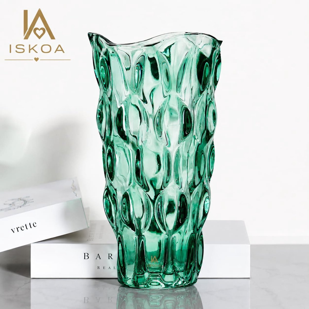 ISKOA Glazen vaas 9,5 inch - verdikt onbreekbaar glas - groen - voor bloemen, tafelstukken en boeket - 24 cm hoog