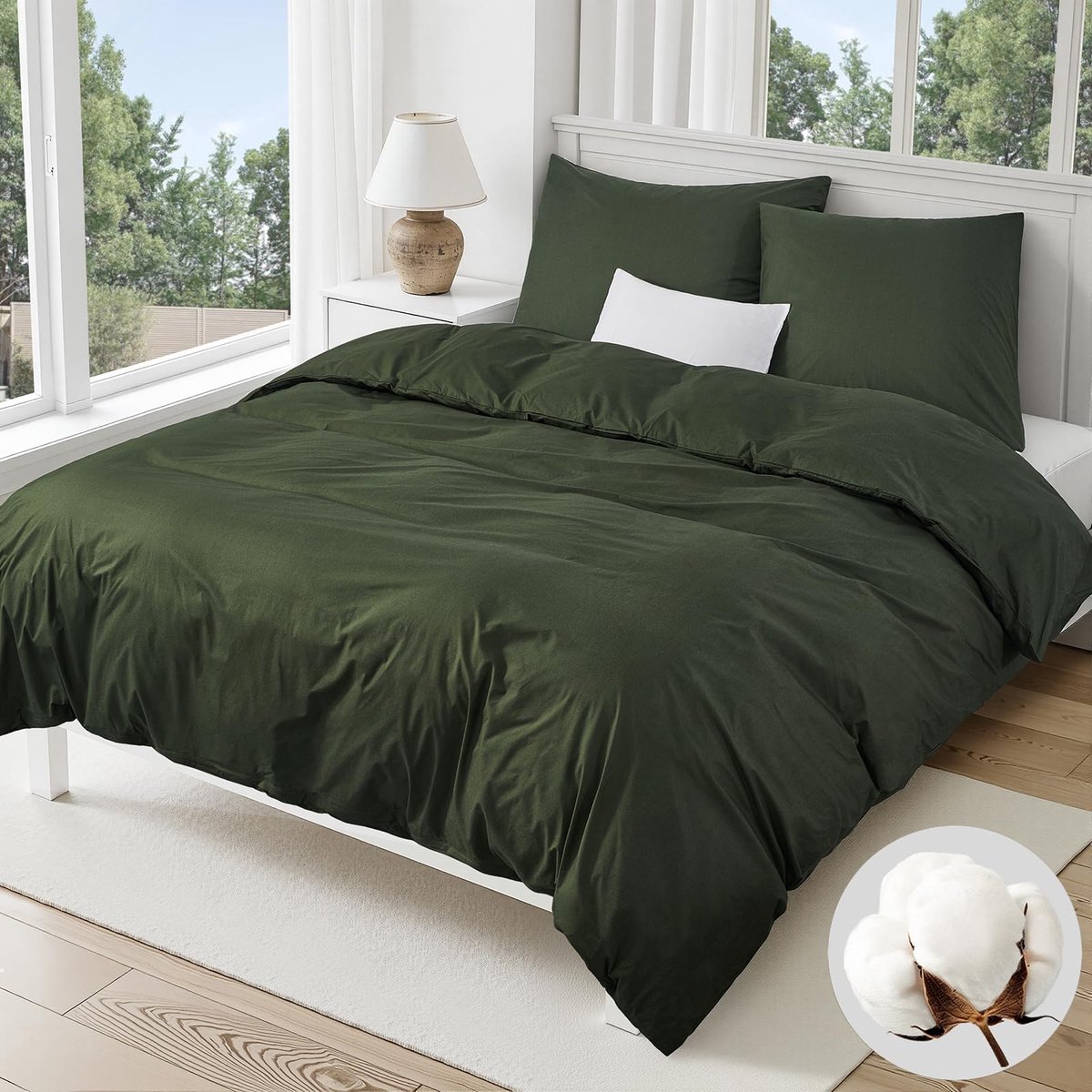 SnelShoppen - Duvetnova Beddengoedset 220 x 240 cm Katoen Olijfgroen met Ritssluiting - Inclusief 1 Dekbedovertrek en 2 Kussenslopen 80 x 80 cm - Öko-