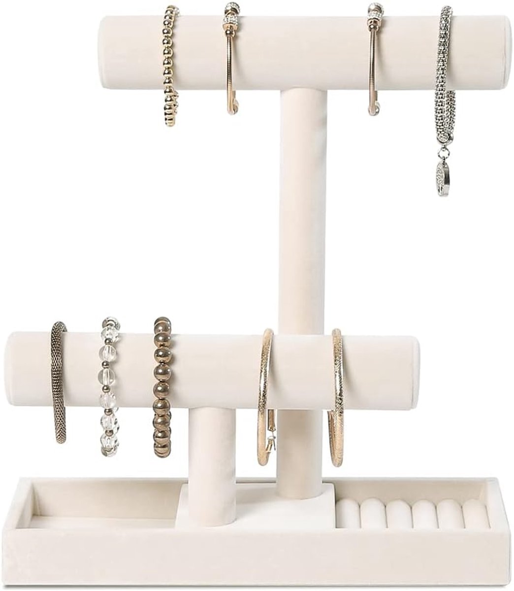 SnelShoppen - Multifunctionele Sieraden Houder 2 Tier - Armband, Ketting, Oorbellen en Ringen Organizer - Beige Velvet - Ideaal voor Sieradenopslag en