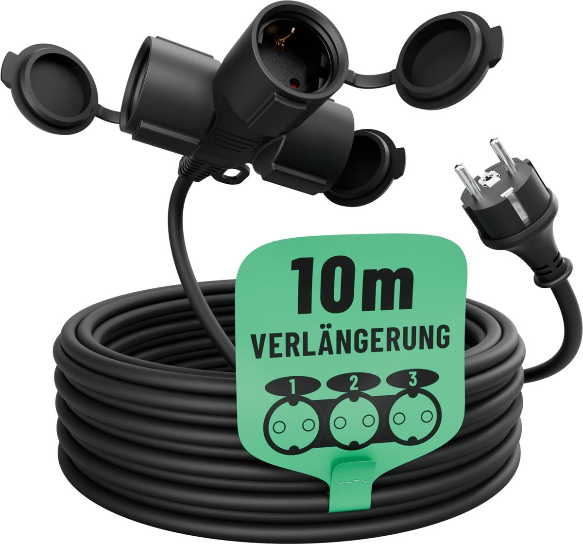 SnelShoppen - 3-voudige verlengkabel 10 meter buiten, waterdicht IP44, meervoudige stekkerdoos voor buitengebruik, 3500 W outdoor verlengkabel, ideaal