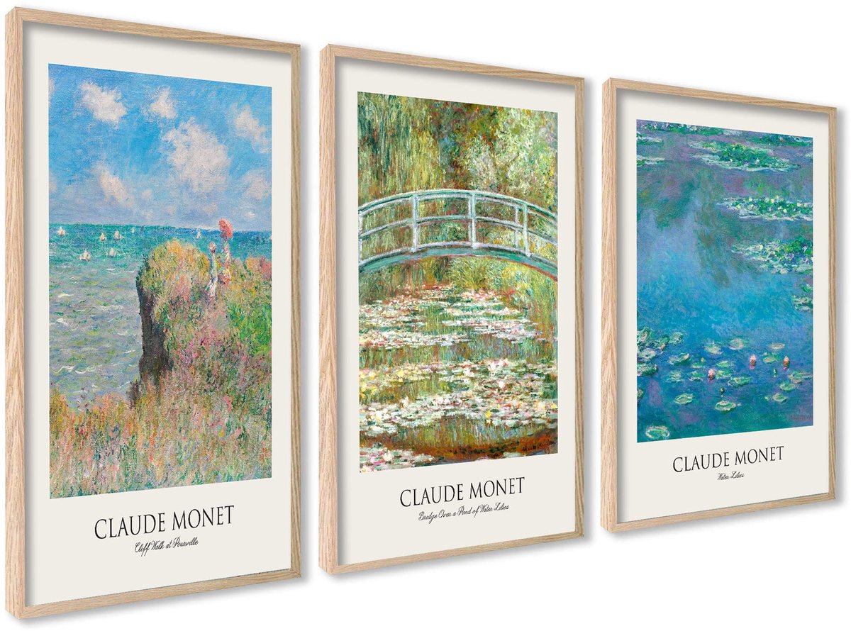 Dailygoods - Set van 3 Claude Monet Posters met Lijst voor Woondecoratie 30x40 cm