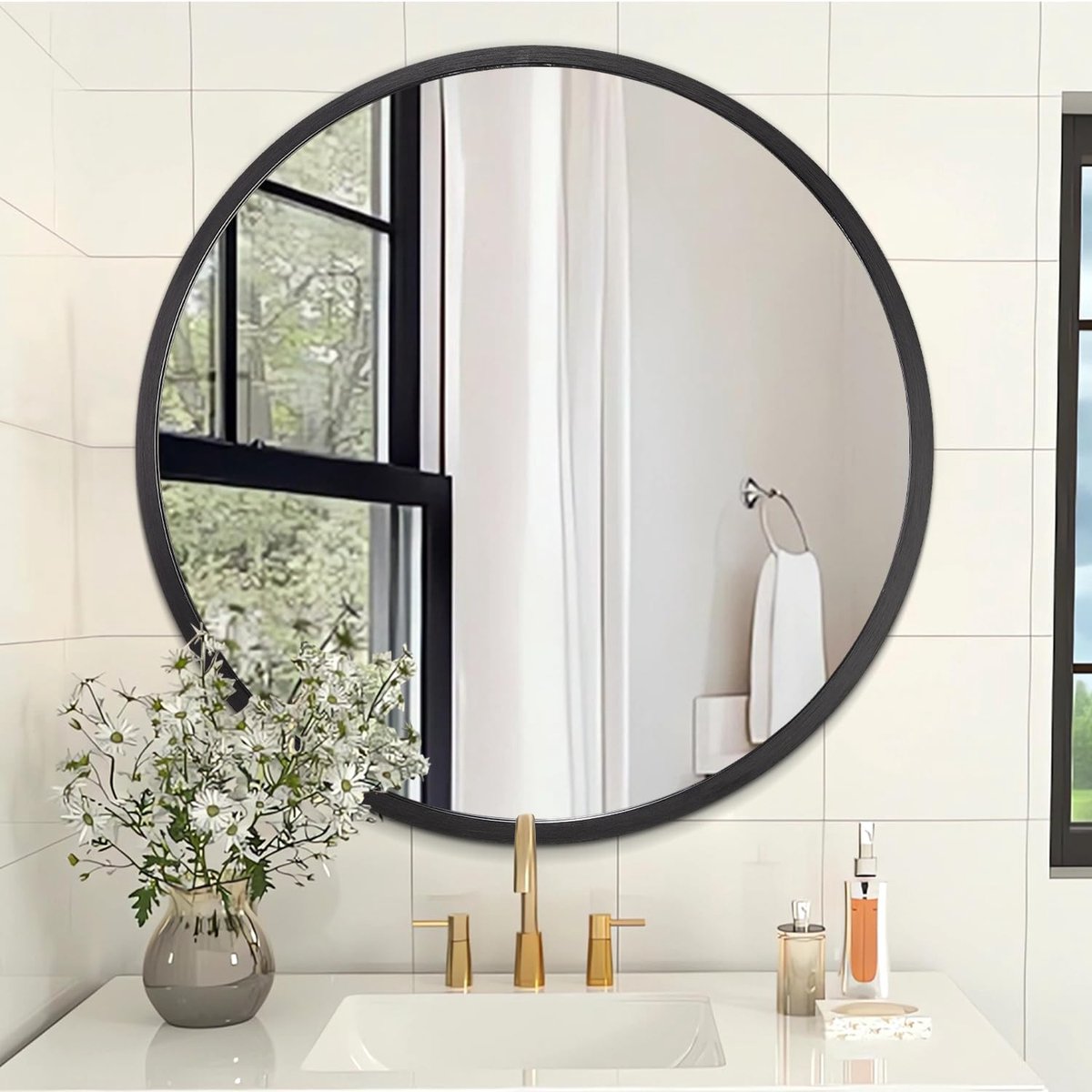 SnelShoppen - Zwarte Ronde Muurspiegel Klein voor Badkamer, Woonkamer, Hal - Metalen Omlijsting, Gehard Glas, Horizontaal Op te Hangen - Perfect voor