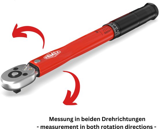 Rode momentsleutel met zwarte grip, schaalverdeling in Nm, met pijlen die draairichting aangeven.