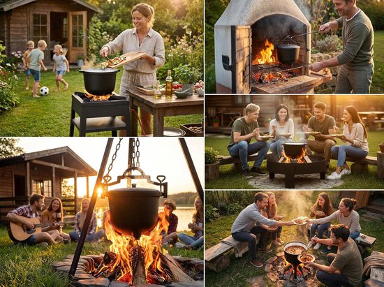 Gietijzeren Pan - Dutch Oven Stoofpan - Buiten Koken - Geëmailleerd Gelijkmatig Garen - 11 Liter - Zwart — afbeelding 5