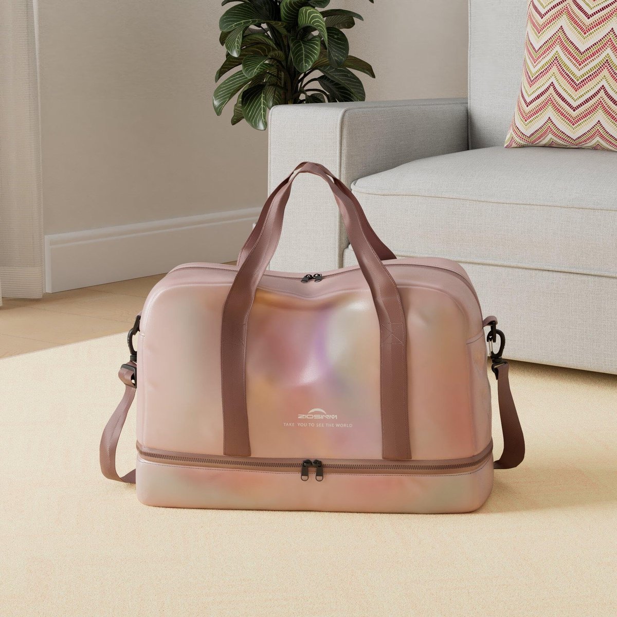 SnelShoppen - Duffle Reistas Dames Sporttas 40L Waterdicht met Natte en Droge Scheiding, Gymtas met Schoenenvak, Roze Weekendtas 50x25x32 cm