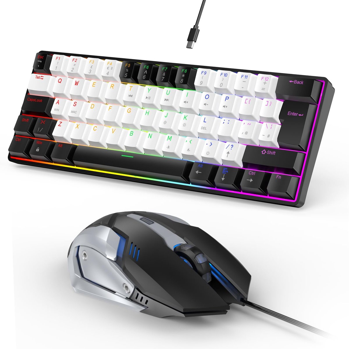 SnelShoppen - Compact Gaming Toetsenbord en Muis Combo 60% - Mechanisch Gevoel Mini Toetsenbord met RGB Achtergrondverlichting - Bedraad Zwart Wit voo