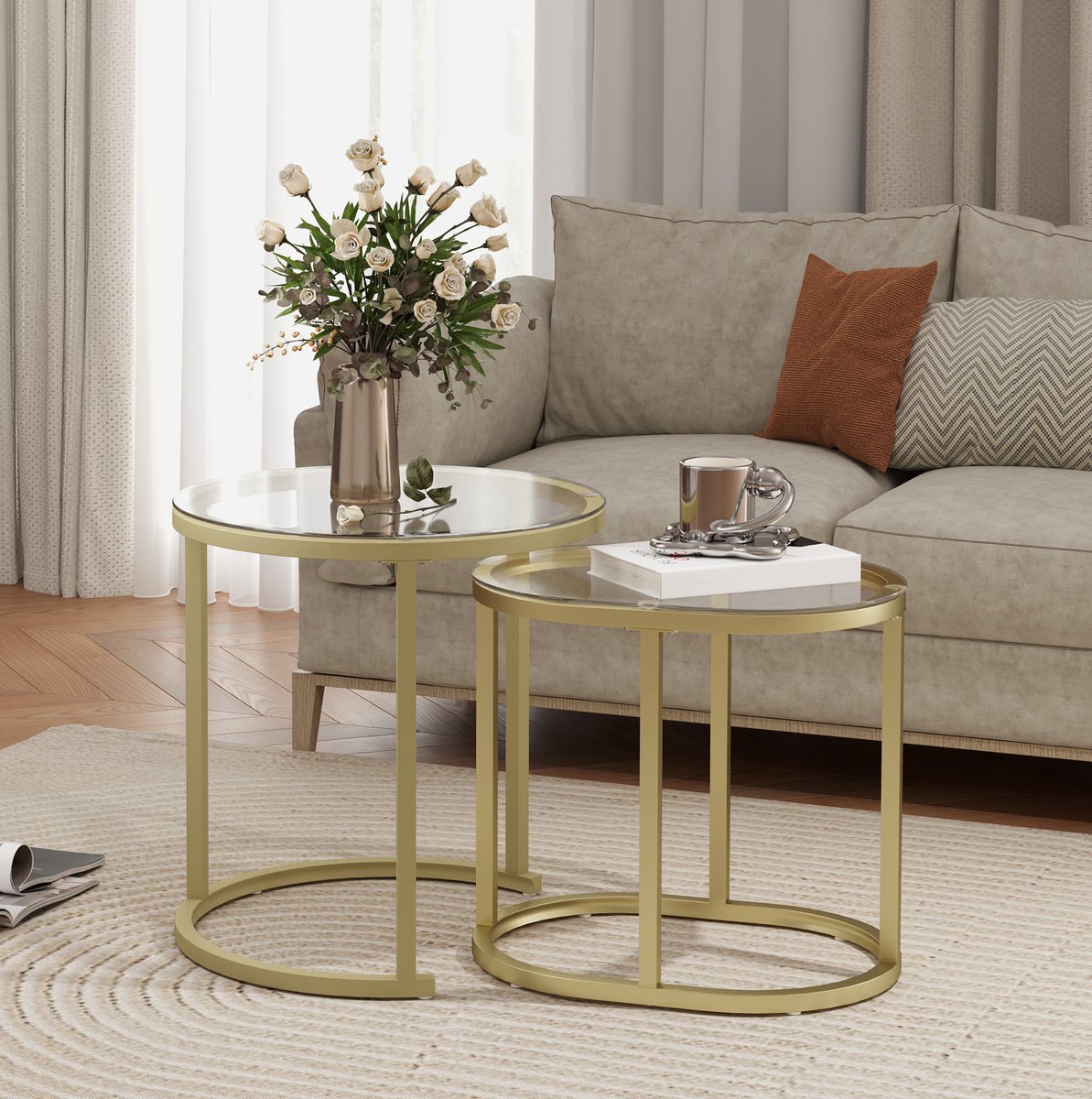 STILVORA Couchtischset - Stapelbare Beistelltische Met Hartglas En Stalen Frame - Voor Woonkamer En Interieur - Goud - 2 Delig