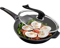 Koekenpan met Deksel - Koekenpan Wok - Huishoudelijk Koken - Minerale Antiaanbaklaag - 32 cm - Zwart