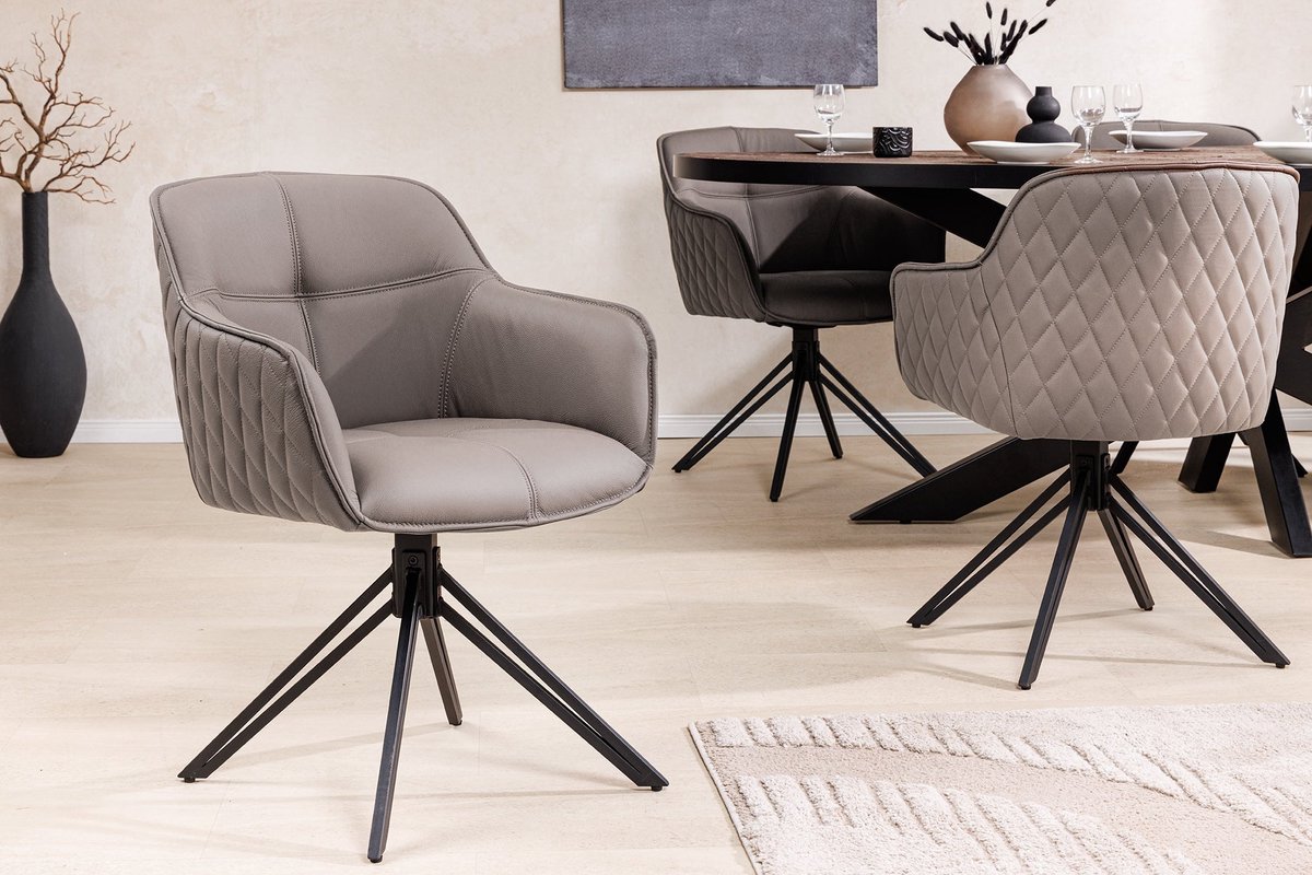 Draaibare Design Stoel EUPHORIA taupe Echt Lederen Zwart Metalen Frame met Armleuning - 45862