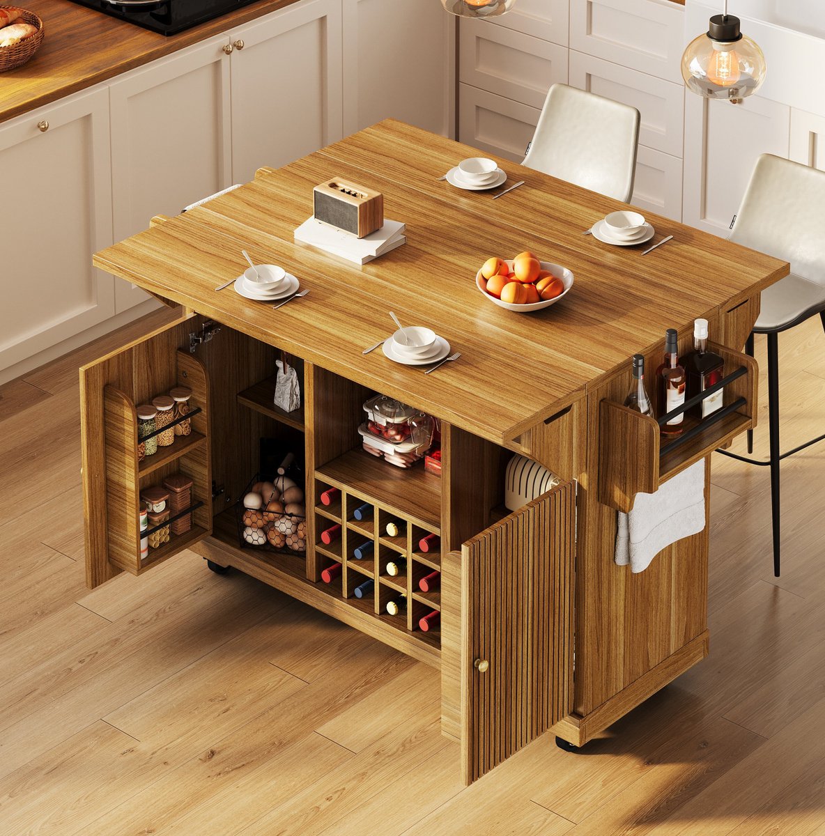HAUSS SPOLE Keukenkast - Uitklapbare Keukenrollwagen Met Opbergruimte En Wijnhouder - Voor Keuken Eetkamer En Balkon - MDF Metaal - Donkerbruin