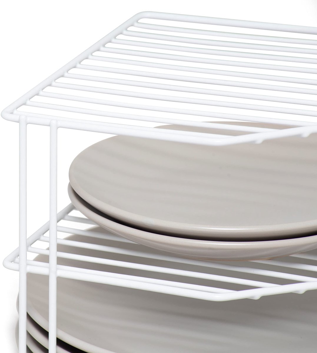 SnelShoppen - Bordenrek met 3 Niveaus - Keuken Kast Organizer van Wit Kunststof en Gecoat Staal - Ideaal voor Keuken, Eetkamer, Feest, en Camping