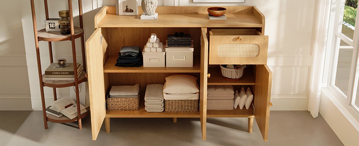 STILVORA Dressoir Met Rotanlook En Softclose - 3 Deuren En 1 Lade - Voor Woonkamer, Keuken En Hal - Eiken - 120x40x91 Cm