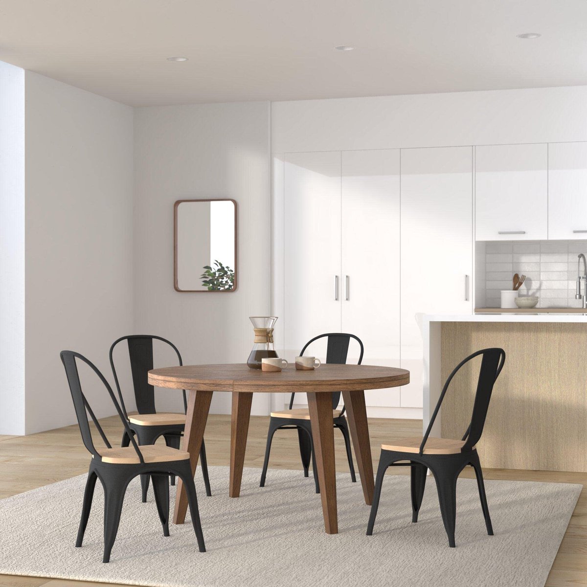 SnelShoppen - Set van 4 Industriële Factory Eetkamerstoelen, Vintage Loftstijl, Stapelbaar, Zwart Metalen Frame, Natuurlijk Houten Zitting, Antislipvo