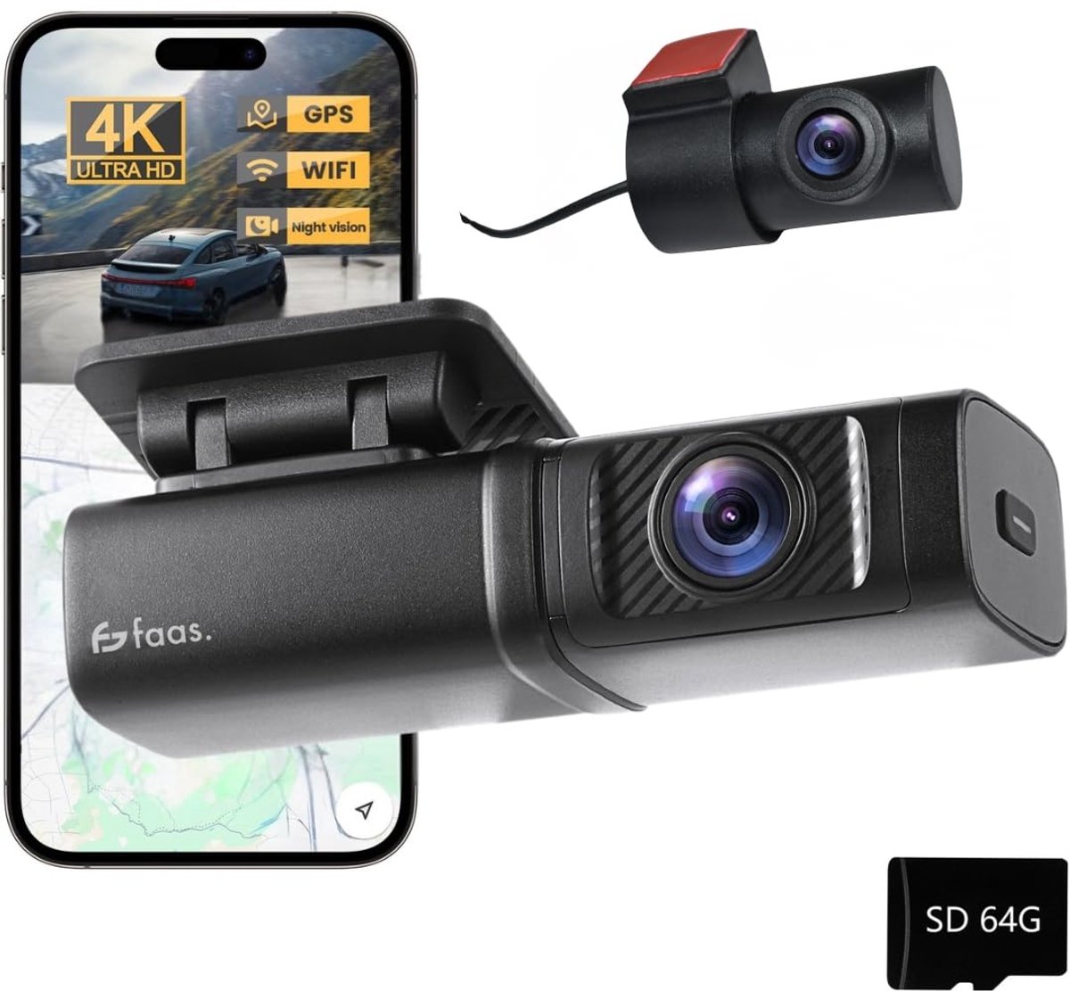 SnelShoppen - Faas Dashcam Auto Voor & Achter – 4K Dual Camera – 64GB Micro-SD – G-sensor, Nachtzicht, Parkeermodus & Loop Recording – Zwart