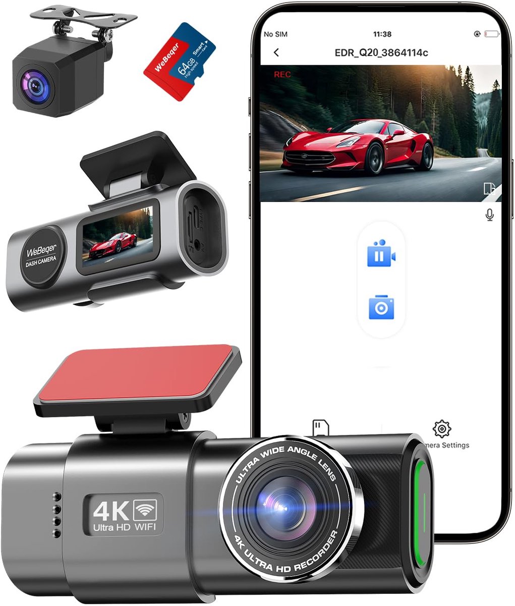 SnelShoppen - Dashcam Auto 4K+1080P WiFi Voor en Achter, Afneembare Dashboard Camera met 64G SD-Kaart, 170°+140° Groothoek, G Sensor, Nachtzicht, Park