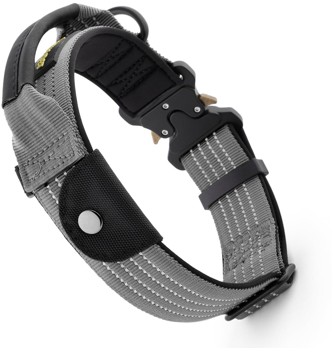 SnelShoppen - Tactische hondenhalsband voor middelgrote en grote honden met AirTag tracker, verstelbare reflecterende nylon, metalen gesp, leer omwikk