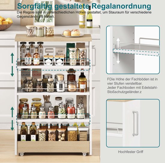 FloraGrace Opbergwagen - 20 Cm Smal - 4 Verstelbare Planken - MDF - Wit met Houtlook - Op Wielen Voor Keuken, Badkamer en Voorraadkast — afbeelding 4