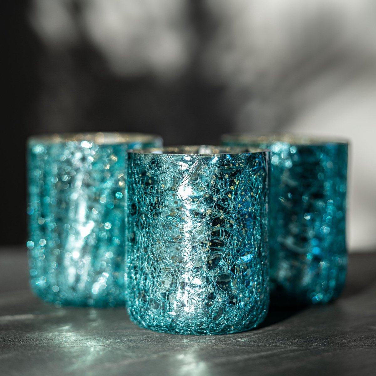 SnelShoppen - Set van 3 glazen theelichthouders blauw, 10 cm hoog, lichtblauw gebarsten glas, decoratieve kandelaars voor binnen en buiten, turquoise