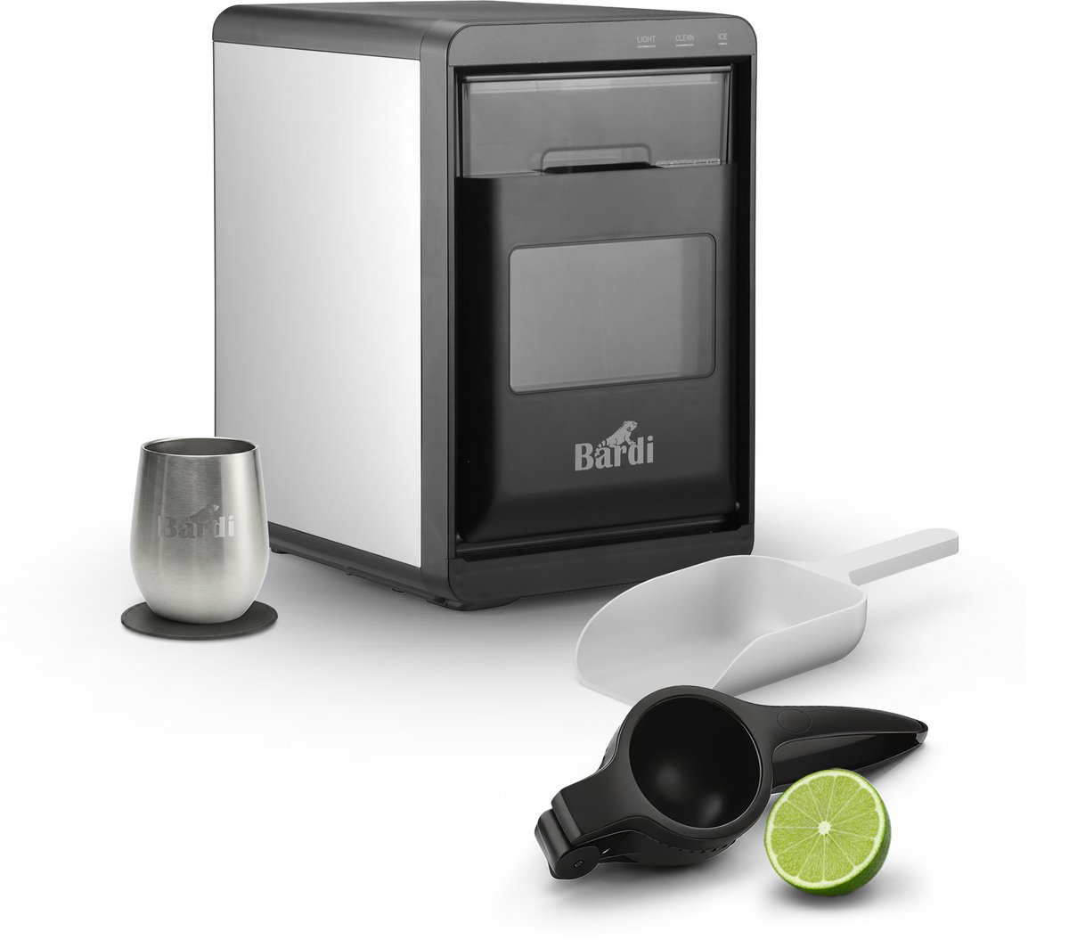 Bardi 1,8L Deluxe Ijsblokjesmachine Zwart - Crushed ICE machine - Nugget IJsblokjesmachine - LED Verlichting - 20Kg/24 uur. inclusief Thermosbeker - RVS/ZWART met citruspers ZWART