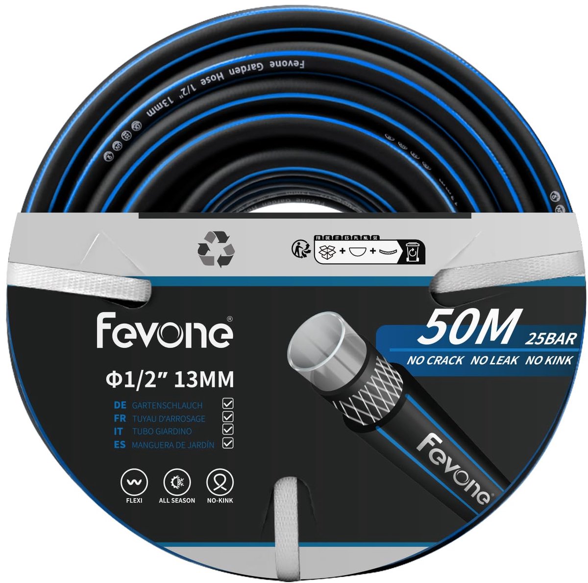 SnelShoppen - Fevone Tuinslang 50m - 13mm 4-laags - Robuust & Duurzaam - Knikvrij - Flexibel - Draagbaar - Outdoor Tuinaccessoire - Zwart/Blauw - 25 b