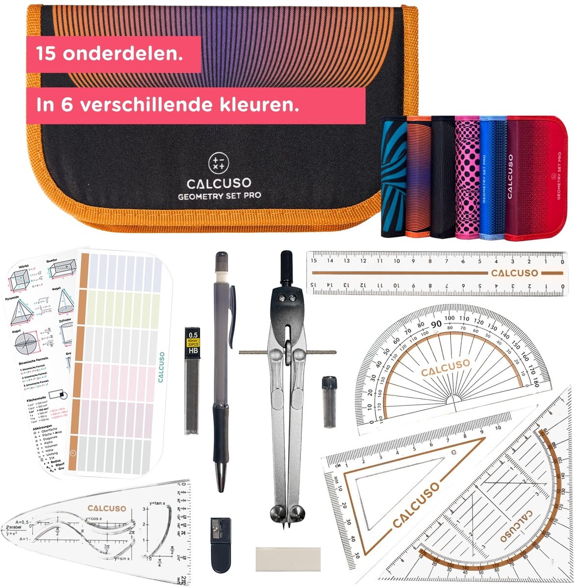 SnelShoppen - Geometrie Set Pro in Oranje Etui met Passer en Geodriehoek - Complete Schoolset voor Tekeningen, Universiteit en Kantoor - Ideaal voor W