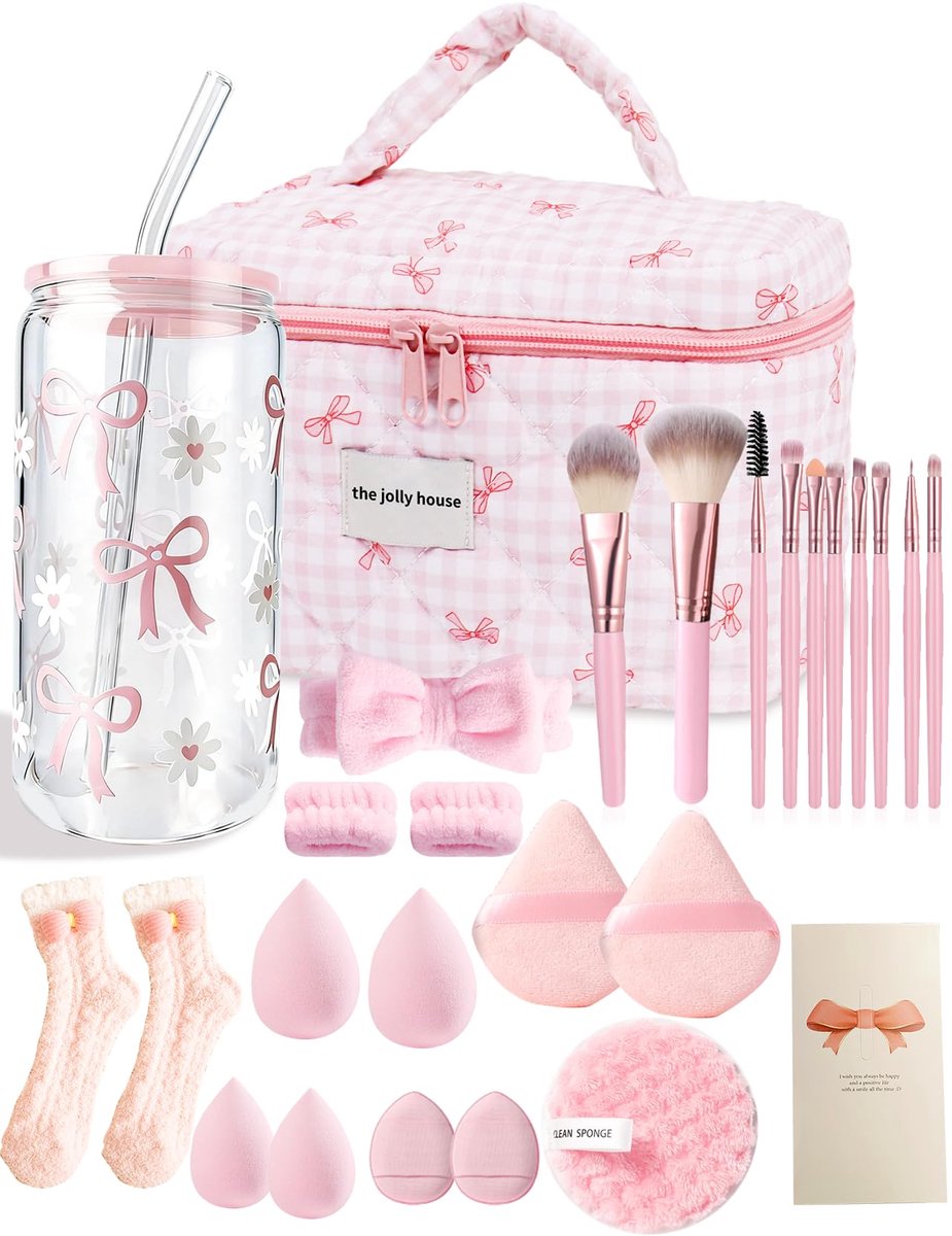 SnelShoppen - Cadeaus voor Meisjes en Tieners 9-18 Jaar, Glazen Beker met Rietje en Deksel, Make-upkwast, Cosmeticatas, Sokken voor Verjaardag, Valent