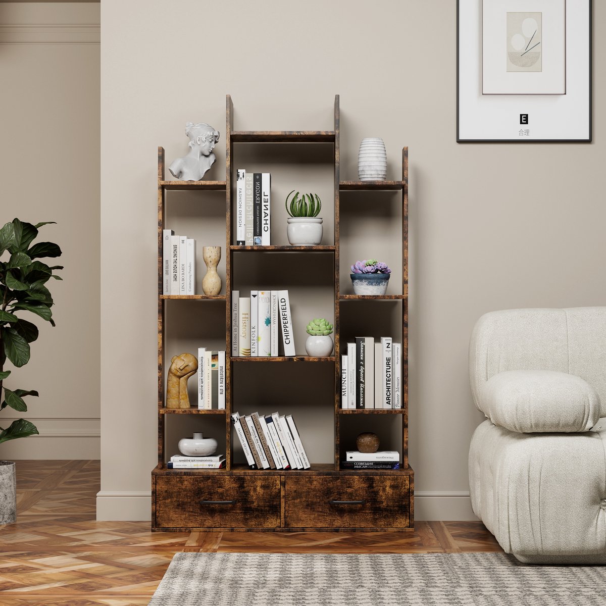 Boekenkast Industrieel Met 2 Lades 86 X 25 X 140 5 Cm Hout En Metaal Rustiek Bruin Voor Woonkamer Slaapkamer En Thuiswerkplek