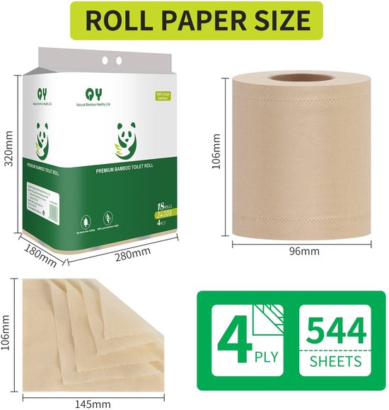 Grafische weergave met afmetingen van het toiletpapier: verpakking, rol en 4-laags structuur.