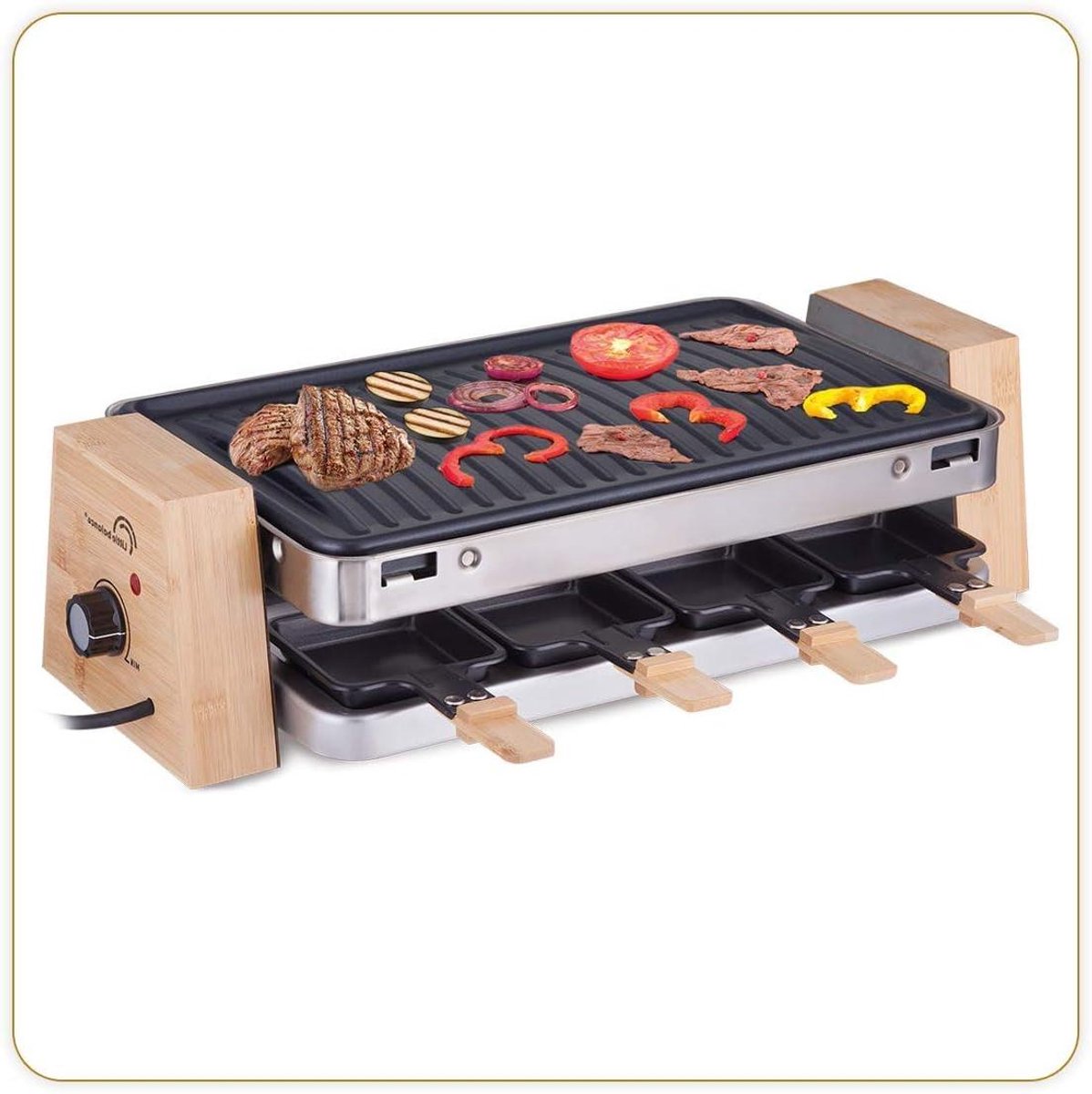 Raclette Grill - Binnengrill Bakplaat - Gezellig Tafelen - 8 Persoons Apparaat - 37 cm breed - Bamboe
