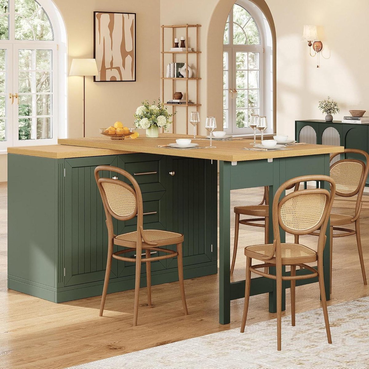 Keukeneiland met Uittrekbare Plaat - Keukentafel Keukenwerkblad - Koken en Eten - Flexibel Transformeerbaar - 120x40x74cm - Antiek Groen