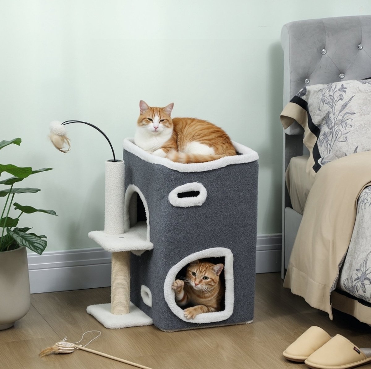FloraGrace Krabpaal – Topligvlak En Tweelaags Huis – 44,5 X 34 X 38 Cm – Polyester En Sisal – Grijs – Rusten, Spelen En Krabben