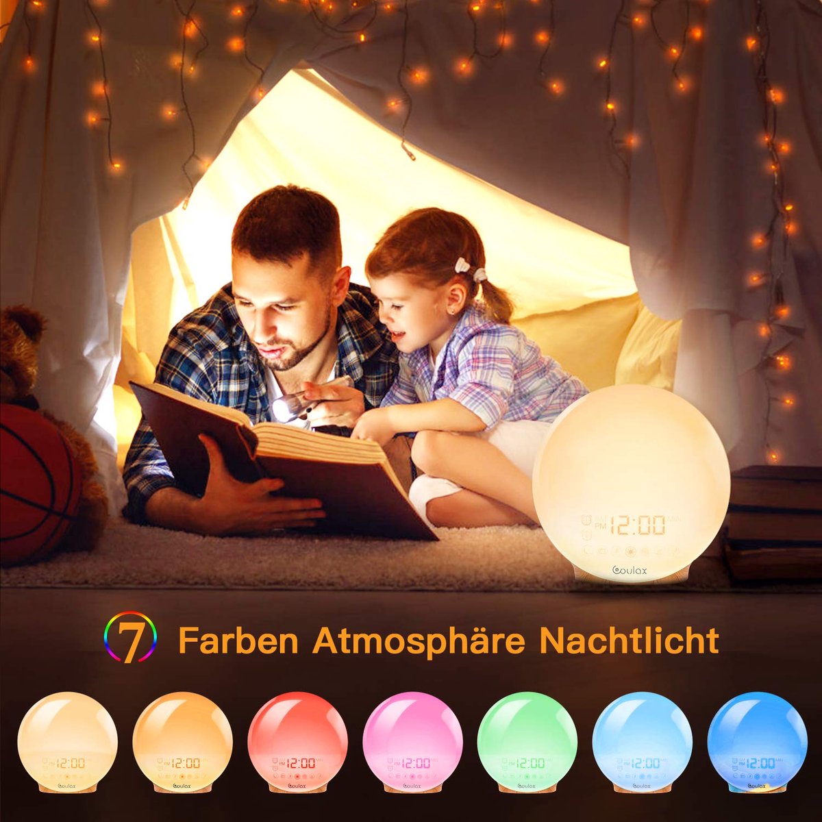 SnelShoppen - Multicolor Wake Up Light Wekker, Houtlook Daglichtwekker met 2 Wektijden, 7 Natuurlijke Geluiden, FM-Radio, Snooze Functie, Perfect voor